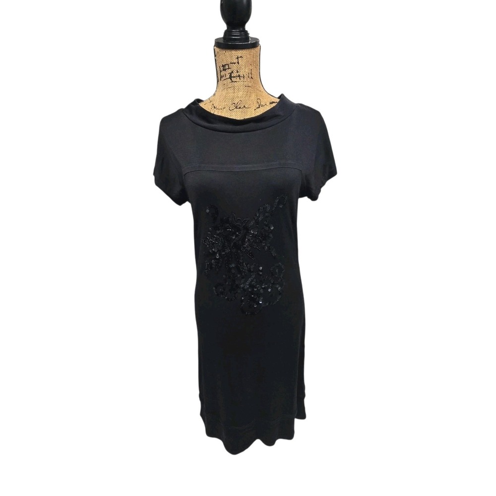 Vivienne Tam Silk Shift Dress Black Midi Short Sleeve w Sequin Design‎ Sz M NWOT
